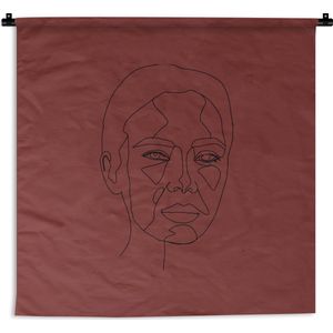 Wandkleed Line-art Vrouwengezicht - 16 - Illustratie voorkant vrouwengezicht op een rode achtergrond Wandkleed katoen 150x150 cm - Wandtapijt met foto