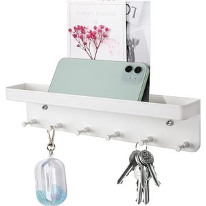 Sleutelrek met plank, 6 haken, zelfklevende wandsleutelhouder, kleine sleutelhaak voor hal, entree, keuken, badkamer (wit)