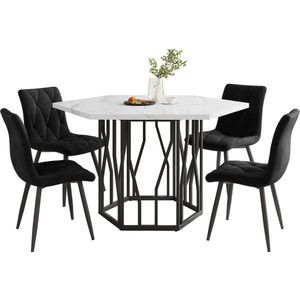 Merax - Ronde Eettafel Set van 5 - Moderne Marmerlook Eethoek - Zachte Fluwelen Stoelen - Zwart en Wit