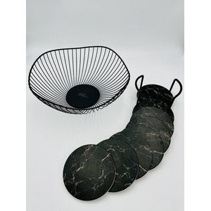 Maison Extravagante - Luxe geschenkset Nordic Black - Fruitschaal zwart - 8x Keramische onderzetters marmer zwart - Housewarming - Cadeau