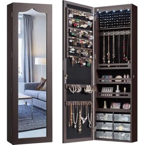 Sieradenkast met 5 LED-verlichting, afsluitbare wand- / deurgemonteerde sieradenkast met grote spiegel en 6 acryl lades, sieradenorganisator met grote capaciteit voor meisjes, vrouwen (Bruin)