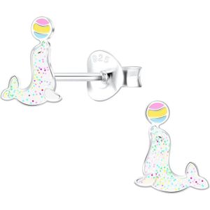 Zilveren zeehond bal glitter kinderoorbellen | zeehond oorknopjes Meisje Zilver | Zilverana | Sterling 925 Silver