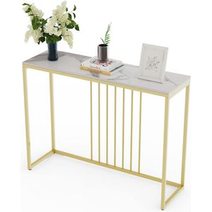 Consoletafel Marmer Goud Smal - Muurtafel - Side table - Gangtafel - Wandtafel - Salontafel - Entreetafel Goud met metalen frame - Scandinavische Haltafel - Multifunctionele Bartafel voor Slaapkamer - Woonkamer - 100 x 30 x 79 cm