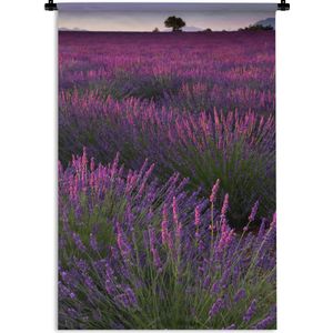 Wandkleed Lavendel  - Zonsondergang verlicht lavendelveld in Frankrijk Wandkleed katoen 60x90 cm - Wandtapijt met foto