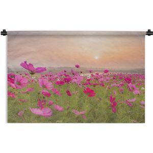 Wandkleed Bloemenweide - Bloemenweide met roze cosmos bij zonsondergang Wandkleed katoen 180x120 cm - Wandtapijt met foto XXL / Groot formaat!