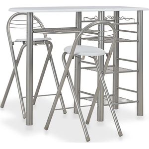 The Living Store Barset - 3-delig - Hout en staal - 117x40x85 cm - Inklapbaar - Wit en zilver