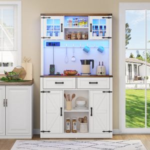 Learnlogic Bar Cabinet met LED-verlichting en stopcontacten, grote keukenbuffetkast met 2 grote laden, schuurdeurontwerp, verstelbare planken, rustieke koffiebalkboordtafel, wit