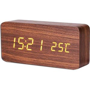 Houten wekker – Alarm Clock – Rechthoek groot - Bruine kleur – Reiswekker - Tijd datum temperatuur weergave – Sound control - Dimbaar – LED display – Gratis Adapter - Draadloos met batterijen