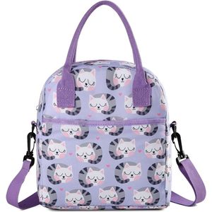 Schooltas met katten - Paars/lila - 24 x 14 x 25 cm - Schoudertas met kattenprint - Peuters, kleuters, kinderen - 8.2 L - Lunchtas met koelvak - School tasje voor meiden - Crossbody tas voor meisjes - Kindertas