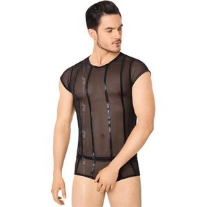 Wetlook heren -shirt en slip met netstof details- zwart XL