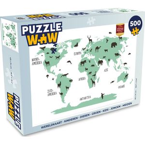 Puzzel Wereldkaart - Kinderen - Dieren - Groen - Kids - Jongen - Meiden - Legpuzzel - Puzzel 500 stukjes