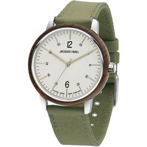 JACQUES FAREL hayfield - Horloge Duurzaam - Vegan Horloge - Analoog - Groen - Unisex - Walnoothout - Verstelbaar bandje 16-21 cm - 3 Bar - ORW 1037