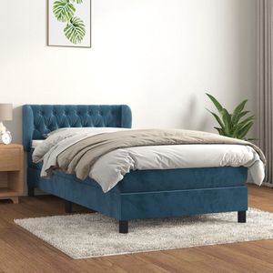 The Living Store boxspringbed - donkerblauw fluweel - 193 x 93 cm - met verstelbaar hoofdbord - pocketvering matras - middelharde ondersteuning - huidvriendelijk topmatras