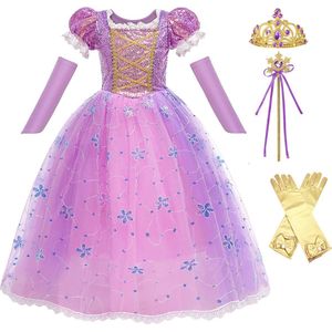 Het Betere Merk - Prinsessenjurk meisje - Maat 134/140 (140) - Verkleedkleren - Carnavalskleding - Prinsessen verkleedkleding - Kroon - Toverstaf lint - Goudkleurige prinsessenhandschoenen