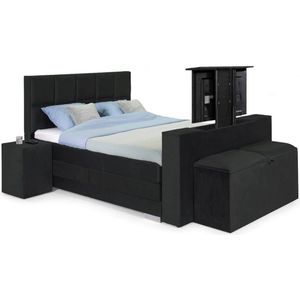 Sweet Sleep Elektrische Boxspring compleet - 120x200 - Incl. 2 Hockers, TV-Lift, Bedbank met opbergruimte & 8-Vlaks Hoofdbord – Monolith Antraciet