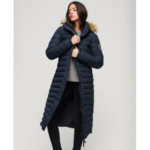 Superdry Fuji Hooded Longline Puffer Dames Jas - Nordic Chrome Navy - Maat Xs