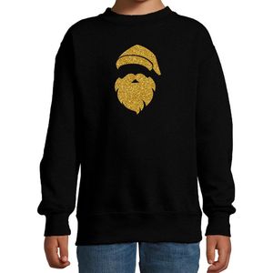 Kerstman hoofd Kerstsweater - zwart met gouden glitter bedrukking - kinderen - Kersttruien / Kerst outfit 122/128