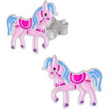 Oorbellen meisjes zilver | Eenhoorn oorbellen | Zilveren oorstekers, roze paard met blauwe manen en staart
