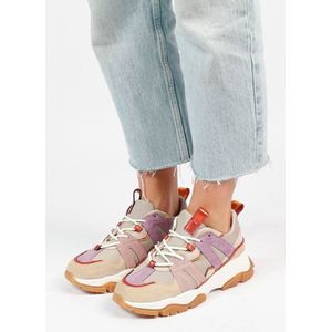Sacha - Dames - Beige chunky sneakers met paarse details - Maat 37