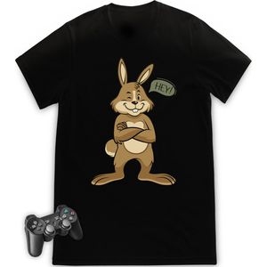 Jongens tshirt met grappig cartoon konijn - Maat 92 t/m 164 - T shirt kleur: zwart.
