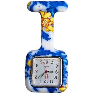 Fako® - Verpleegstershorloge - Zusterhorloge - Verpleegster Horloge - Siliconen Vierkant Print - Bloemen Blauw/Geel