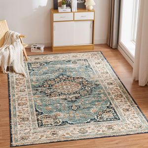 Unyqoos ® Vintage Inspiratie Wasbaar Laagpolig Tapijt voor Woonkamer en Slaapkamer, Antislip en Zacht, 80 x 150 cm, Blauw