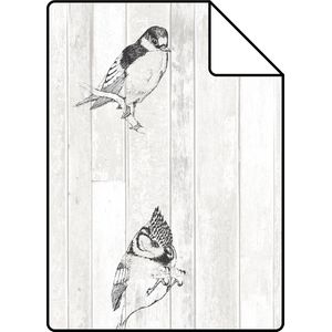 Proefstaal ESTAhome behang pengetekende vogels op sloophout planken zwart en mat wit - 128834 - 26,5 x 21 cm