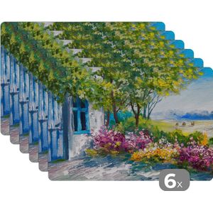 Placemat - Placemats kunststof - Schilderij - Planten - Bloemen - Huis - Olieverf - 45x30 cm - 6 stuks - Hittebestendig - Anti-Slip - Onderlegger - Afneembaar