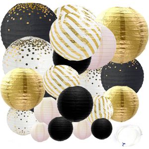 Joya Party® 20 Stuks Lampionnen Feest Versiering Set Zwart Goud & Wit | Decoratie | Verjaardag, Jubileum & Bruiloft