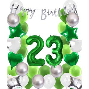 Snoes Ballonnen 23 Jaar Wit Groen Zilver Mega Ballon - Compleet Feestpakket 23 Jaar - Verjaardag Versiering Slinger Happy Birthday – Folieballon – Latex Ballonnen - Helium Ballonnen