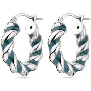 YO&NO Oorringen - gedraaid donkergroen emaille - Oorbellen dames - 21mm - Gerhodineerd Zilver 925