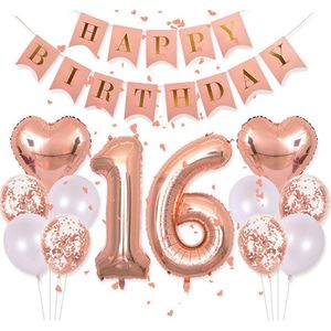 Ballonnen en XL slinger set Sweet 16 rosé goud - 16 - sweet 16 - ballon - slinger - verjaardag - rosé goud