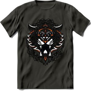 Tijger - Dieren Mandala T-Shirt | Oranje | Grappig Verjaardag Zentangle Dierenkop Cadeau Shirt | Dames - Heren - Unisex | Wildlife Tshirt Kleding Kado | - Donker Grijs - S