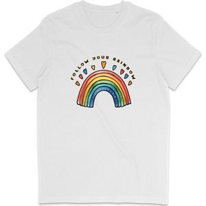 T Shirt Dames en Heren - Regenboog en Tekst: Follow Your Rainbow - Wit - M