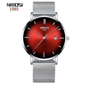 NIBOSI Horloge - Zilverkleurig - Rood - Heren - Analoog - Ø 35 mm - staal - Datumaanduiding