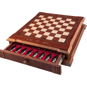 Handgemaakte houten schaakbord met opbergsysteem - Metalen Romeinse Schaakstukken - Luxe uitgave - Schaakspel - Schaakset - Schaken - Chess