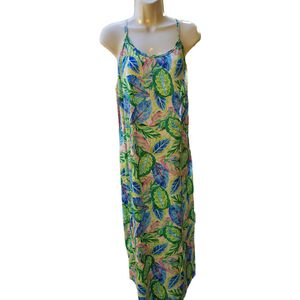 Dames jurk lang met zijsplit groen print One size 38/44