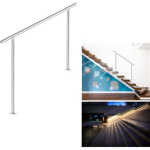 Trapleuning - Roestvrij Stalen - 150cm - Zonder Dwarsbalken - leuning voor binnen en buiten - In Hoek Verstelbaar Trapleuningen - met Kogelring en 2 Palen - voor Trap Balkon Terras Borstwering - Ø 42 mm