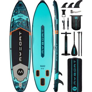 Extra Breed Opblaasbaar Bass Hunter Peddel Boord (…voor 2 personen) van MyBoat | 350 cm XL Stand Up Sup Paddle Board voor samen, of Vissen (PRO) met 3 Afneembare Vinnen | Dubbele Bungees, Camera Mount, Handpomp, Sterke Peddel, 5L Dry Bag, Enkelkoord