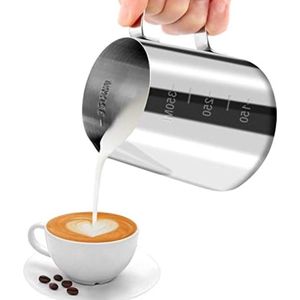 Melkkannetje, handheld roestvrij stalen opschuimkanje, koffiecrème, melkopschuimer, mok met meetmarkering, melkkannetje, perfect voor barista, cappuccino, espresso latte, 350 ml