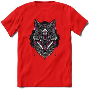 Vos - Dieren Mandala T-Shirt | Roze | Grappig Verjaardag Zentangle Dierenkop Cadeau Shirt | Dames - Heren - Unisex | Wildlife Tshirt Kleding Kado | - Rood - S