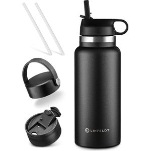 Drinkfles met 3 deksels, van roestvrij staal, 1 l, geïsoleerd & CO2 + 2 x rietje, BPA-vrij, lekvrije thermosfles, 1 liter, 24 uur koud, 12 uur warm, voor outdoor, sport, fitness, kamperen,