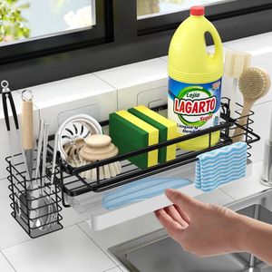 Spoelbakorganizer met 2 staafjeshouders, keukenorganizer hangend/standaard bij afvoerpan, sponshouder keuken, gootsteenorganizer met handdoekhouder en haken, smal