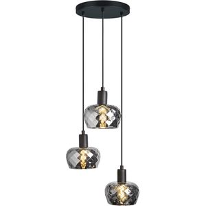Mat zwarte hanglamp met smoke grijs glas 3-lichts - Reno