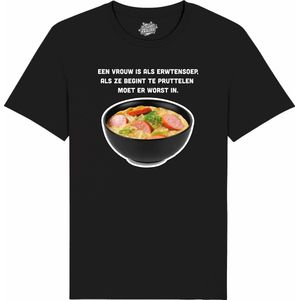 Een vrouw is als erwtensoep - Grappige Tekst Shirt - Mannen Vrouwen Unisex Kleding - Leuke Teksten - Verjaardag Cadeau Idee - Unisex T-Shirt - Zwart - Maat XL