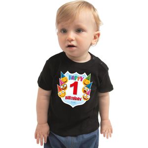 Happy birthday 1e verjaardag t-shirt - unisex - jongens - meisjes - 1 jaar shirt met emoticons zwart voor baby 74