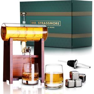 Mr. Strassmore - Luxe Whiskey Set Zeilschip – Whiskey Karaf 1300 ML met Glazen Dop - 2 Whiskey Glazen - Houten Standaard - Schenktuit - Whiskey Stenen & IJstang – Origineel Cadeau