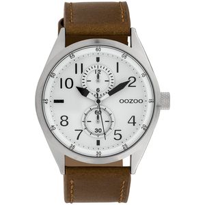 OOZOO Timepieces - Zilverkleurige horloge met bruine leren band - C10025