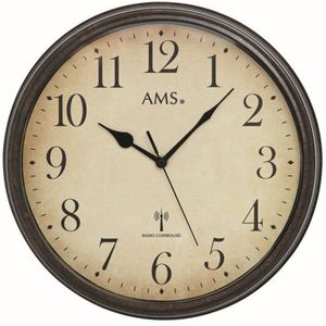 AMS 5962 Wandklok, radiogestuurde klok, vintage, klok stijl, metalen behuizing in antieke houtlook, decoratieklok