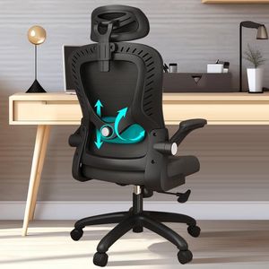 JGS® - Ergonomische Bureaustoel, Zwart, Verstelbare Armleuningen en Hoofdsteun, Draaibaar, Hoge Rugleuning, Perfect voor Thuis en Kantoor-